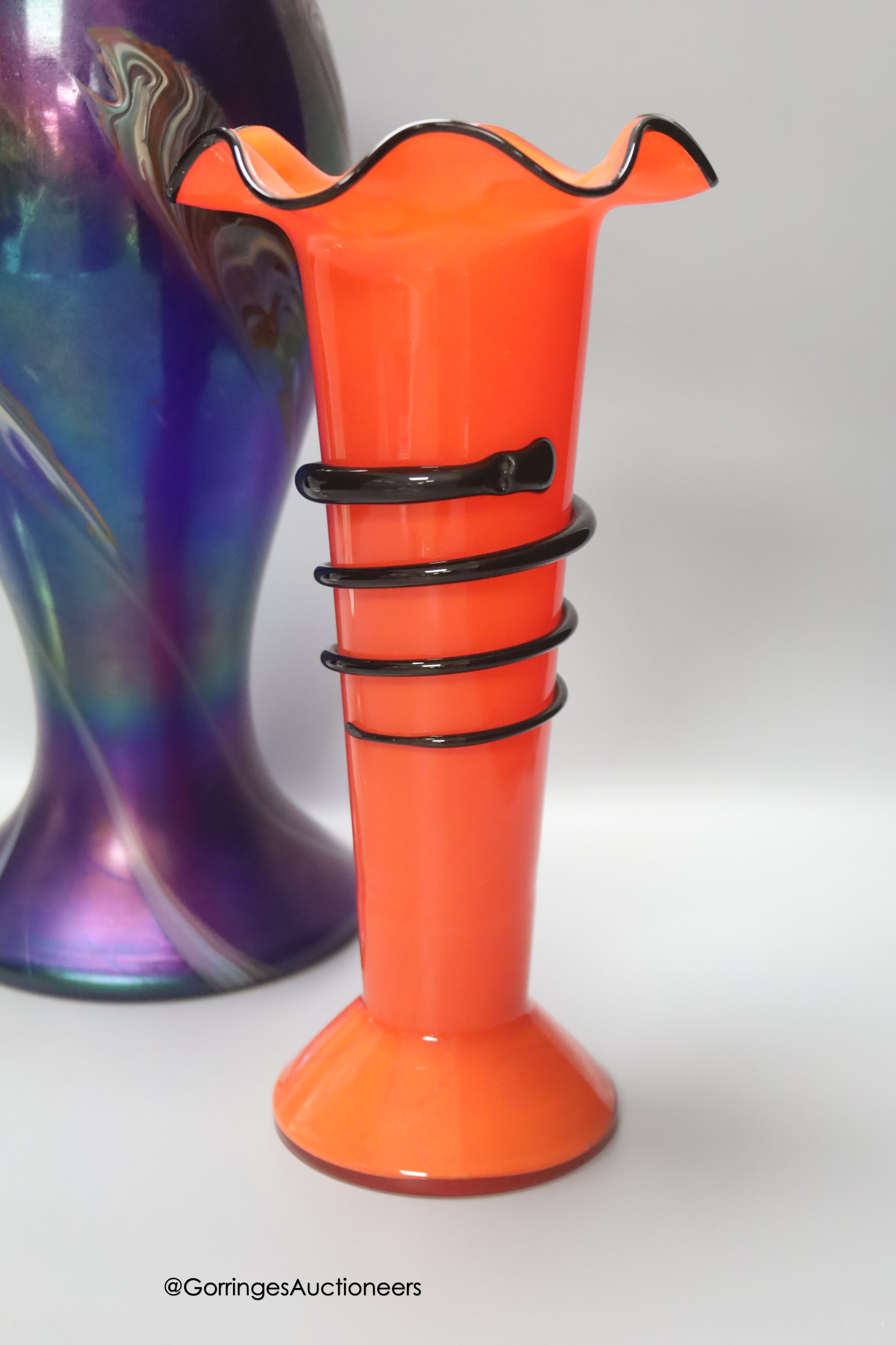 An iridescent glass baluster vase, 30cm a clear glass vase by Walsh & Walsh and four other art glass items